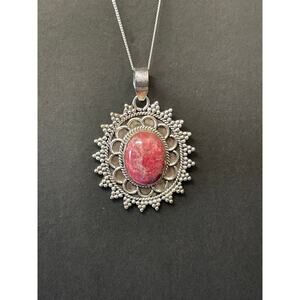 Oval Thulite and Sterling Silver Pendent Neckless 18" Chain